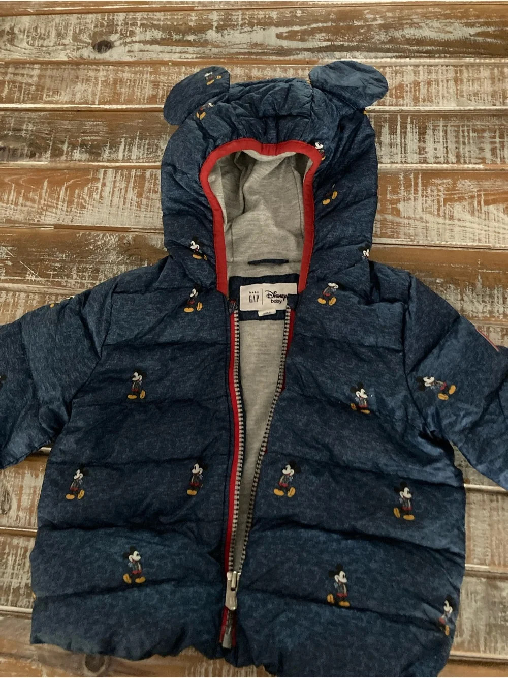 Disney Navy Mickey Mouse Puffer Jacket with Red Trim Hood
